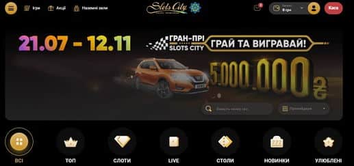 Главное меню на сайте казино Slots City